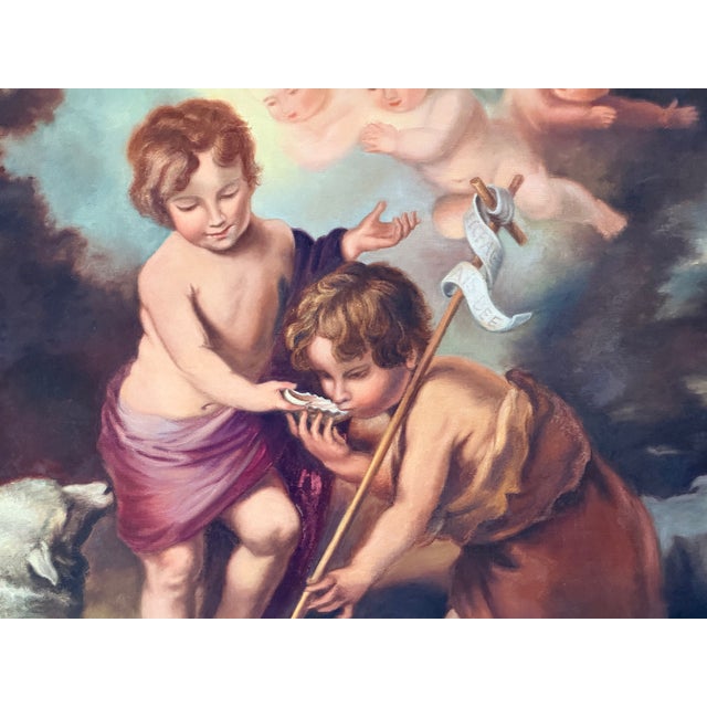 Large Vintage European Religious Oil Painting – Saint John the Baptist, Lamb & Cherubs in Ornate Gilt Frame For Sale - Image 9 of 17