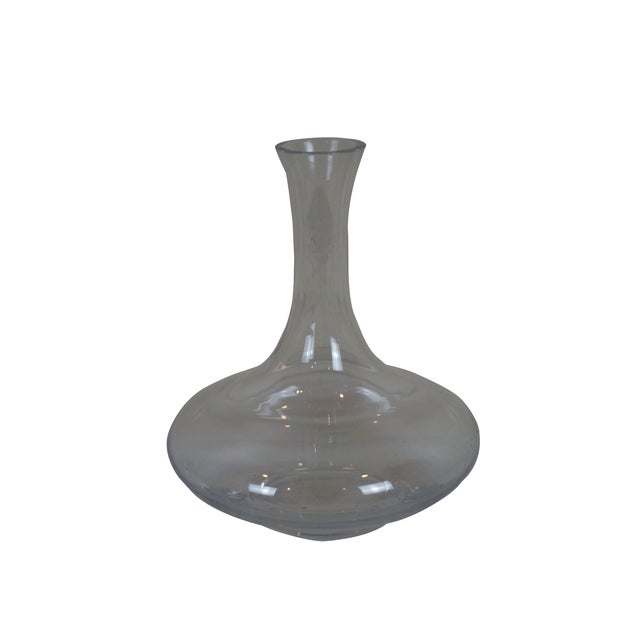 Late 20th century Cristofle clear glass wine decanter / vase. Wide round base with long tapered neck and slightly flared...