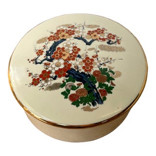 1970s Small White Asian Ceramic Box With Cherry Blossom Details For Sale
