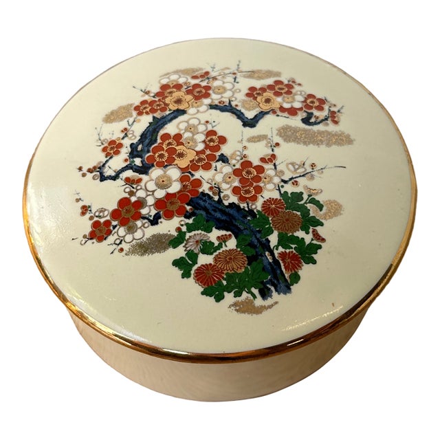 1970s Small White Asian Ceramic Box With Cherry Blossom Details For Sale