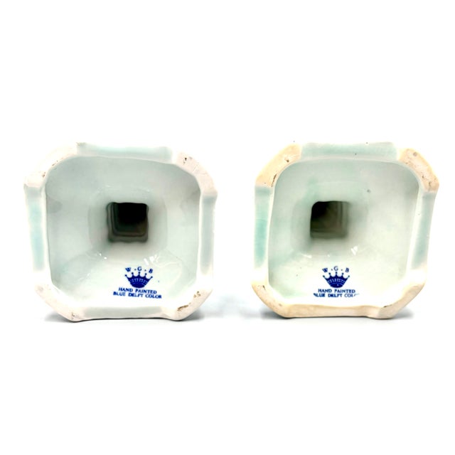 Blue Vintage Dutch Delft Hand Painted Faience Candlesticks - A Pair For Sale - Image 8 of 10