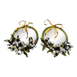 Tole Petite Choses Vintage Round Mirrors With Forget-Me-Nots & Bow- A Pair