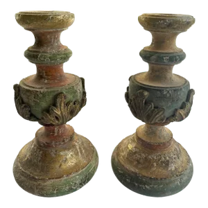 Early 19th Century Italian Carved Wood Candlesticks- a Pair