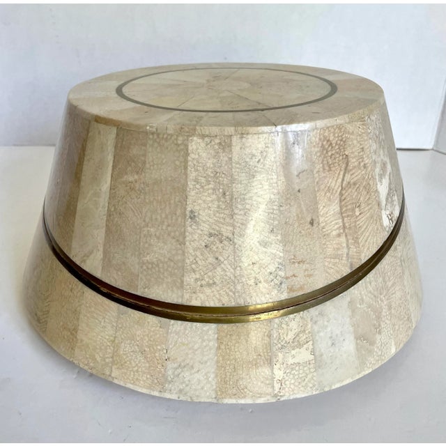 1980s Modern Round Tessellated Travertine Stone and Brass Box With Slanted Lid For Sale - Image 5 of 11