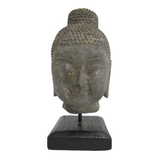 Antique Thai Carved Stone Ayutthaya Style Buddha Head Sculpture on Stand For Sale