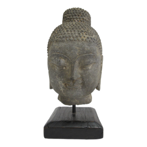 Antique Thai Carved Stone Ayutthaya Style Buddha Head Sculpture on Stand