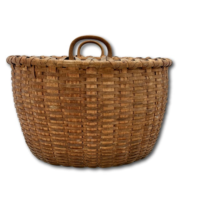 Outstanding Large Size Antique American Hand Woven Ash Wood Splint Maine Apple Farm Harvest Basket For Sale - Image 4 of 18