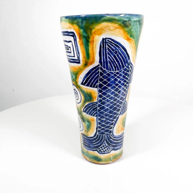 1997 Modern Blue and Green Fish Pottery Ceramic Vase For Sale - Image 11 of 11