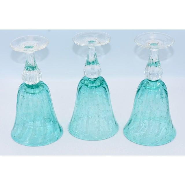 1990s Val De Pome Christophe Saba Biot Seeded Teal Wine/Water Stemware Goblets, France- Set of 3 For Sale In Palm Springs - Image 6 of 7
