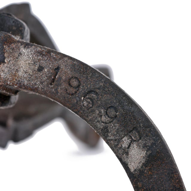 Pair of Fire Dogs Andirons With Hammered Texture and Cannonball Crown For Sale - Image 6 of 8