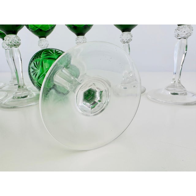 Vintage Emerald Green Pressed Glass Water Goblets With Clear Stems, Set of 13 For Sale - Image 13 of 13