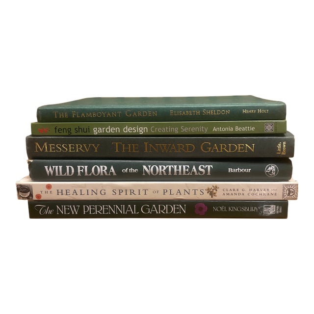 Curated Garden & Botanical Book Stack in Layered Greens For Sale
