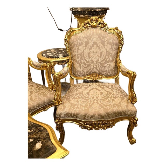 French Rococo-Style Armchair – Beige Damask Upholstery With Ornate Gold Leaf Frame For Sale