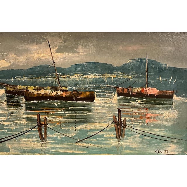 Oil on canvas, seascape, moored boats, 20th century, Giolitti Painting depicting moored sailboats, with a remarkable...