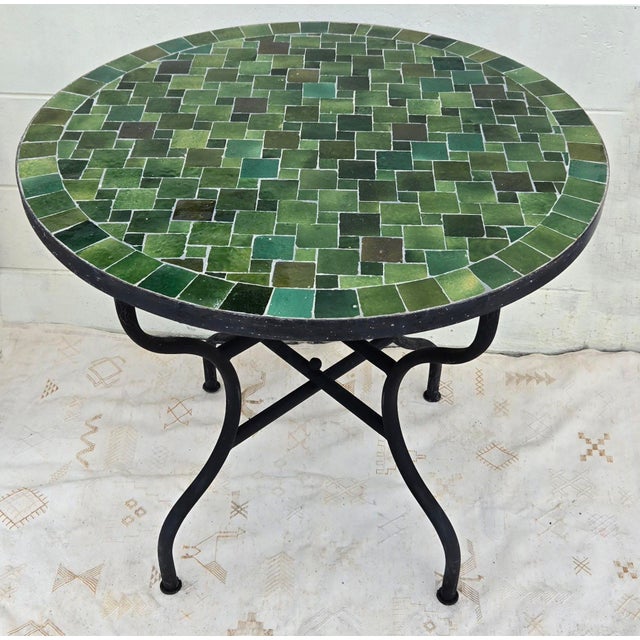 32" Moroccan Round Mosaic Table, Tamegrout Green Bejmat Style / Squares For Sale - Image 4 of 7