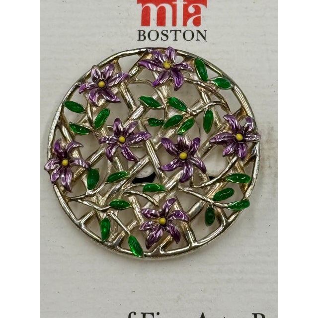 1990s Museum of Fine Arts Sterling Purple Flowers Fence Lattice Brooch Pendant W/ Card For Sale - Image 5 of 5