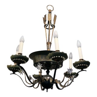 1920's French Empire Style Gilt Bronze/ Verde Tole Quiver/ Arrow & Star Detailed 23 Light Chandelier by Maison Bagues For Sale