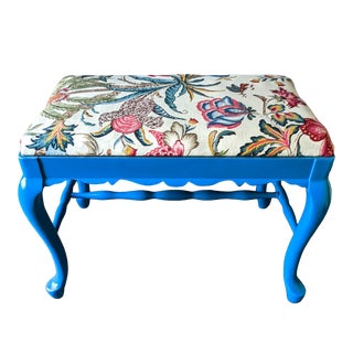 Vintage Mid Century Blue Piano Bench With Bold Fabric For Sale