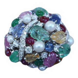 Multi Colors Sapphires Emeralds Ruby Diamond Scavia Unique 18k White Gold Ring, Size 6 For Sale