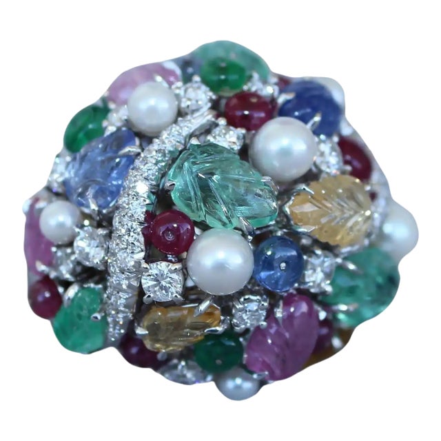Multi Colors Sapphires Emeralds Ruby Diamond Scavia Unique 18k White Gold Ring, Size 6 For Sale