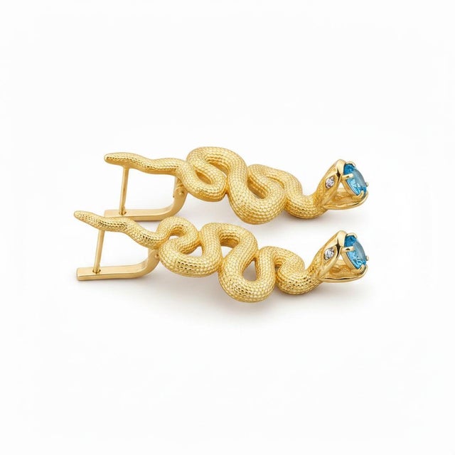 Massive Snake Earrings With Blue Topazes in Opened Mouth, Pair For Sale - Image 4 of 10