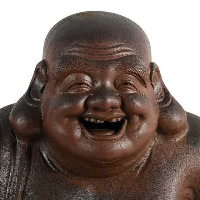 Late 20th Century Signed Concrete Laughing Buddha Statue With Reddish Brown Finish Asian Garden Sculpture For Sale - Image 5 of 9