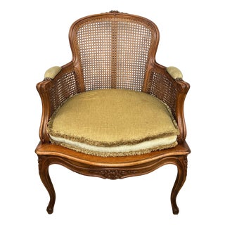 Vintage French Cane Upholstered Accent Carved Chair For Sale