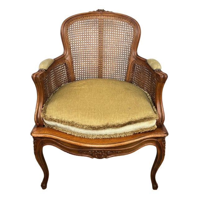 Vintage French Cane Upholstered Accent Carved Chair For Sale
