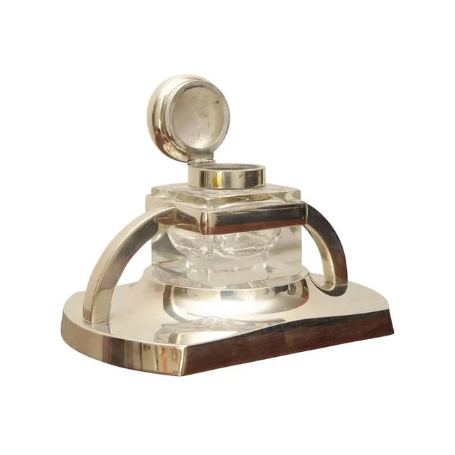 Large Art Deco Silver Plated Desk Inkwell on Stand, Set of 2 For Sale - Image 4 of 7