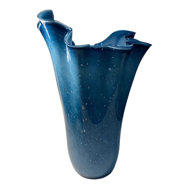 Large Blue Murano Ruffled Art Glass Vase For Sale