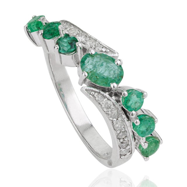 Contemporary Hallmarked 925 Silver Natural 1.26 Ct Emerald & Diamond Wave Ring Size 7 For Sale - Image 3 of 13