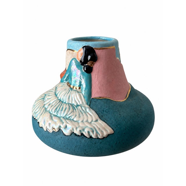 Vintage Southwestern Turquoise Ceramic Vase With Sculpted Woman and Iridescent Skirt For Sale - Image 10 of 13