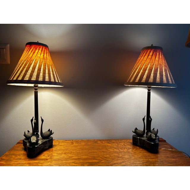 Theodore Alexander Vintage Pair of Bronze & Marble Swan Table Lamps For Sale - Image 12 of 12