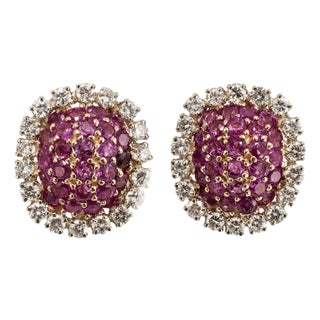 Vintage 14k Yellow Gold 8.82ctw Sapphire & Diamond Halo Drop Bombe Stud Earrings, A Pair For Sale