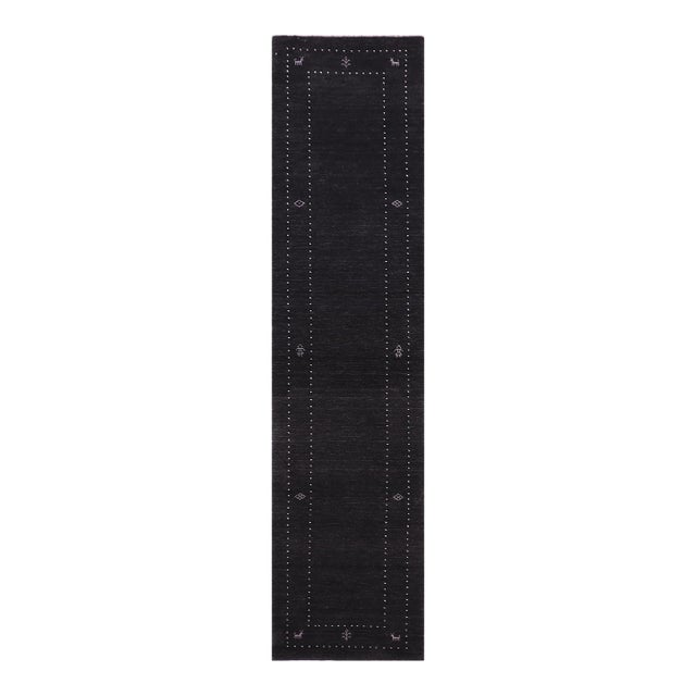 Boho Chic Gabbeh Black Wool Runner Rug- 2'7''x11'10'' For Sale
