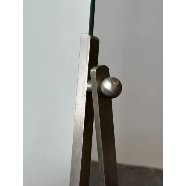 Vintage Modernist Vanity Mirror With Angular Brushed Steel Frame and Trumpeted Base, Circa 1950s-60s For Sale - Image 9 of 13