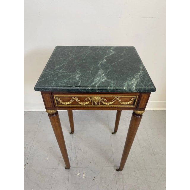 Mid-Century Modern 1970s Vintage Green Marble Top Stand on Wheels With Gold Colored Motif of Woman. For Sale - Image 3 of 9