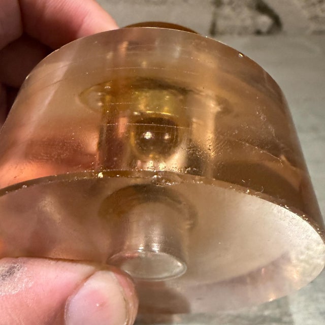 For your consideration, a decorative crystal bottle. Cylindrical shape features clear and amber-striped bands with a...
