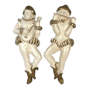 60's Mid Century Chalkware Pair Miller Studio 1965 Harlequin Musicians 14.5"