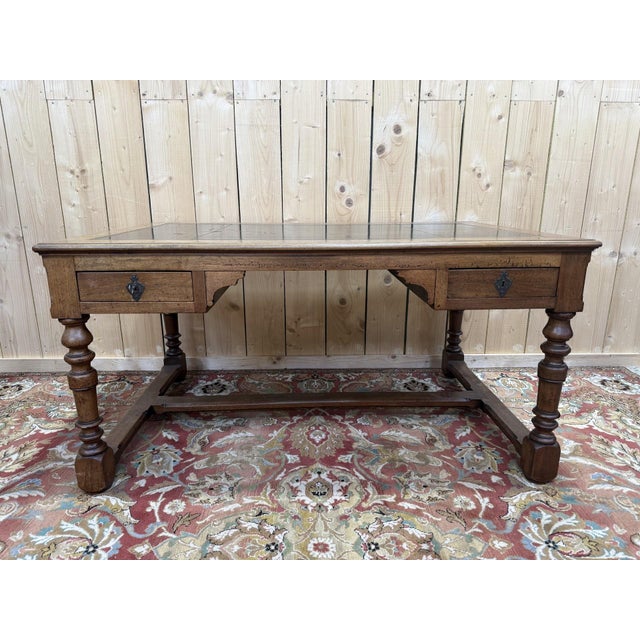 Louis XIII Style Flat Desk in Walnut and Leather For Sale - Image 9 of 9