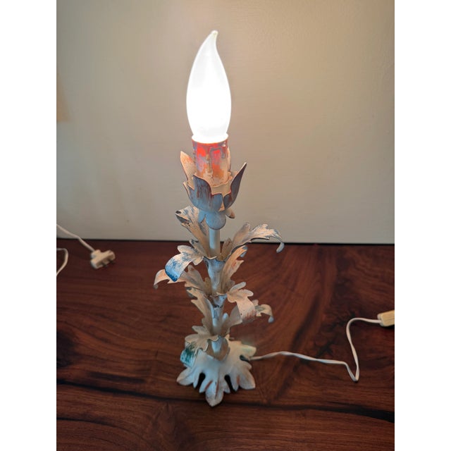 1950s 1950s Pair of Diminutive Floral Italian Style Tole Lamps For Sale - Image 5 of 6