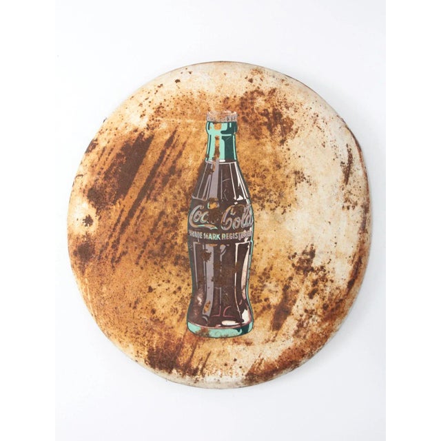 Metal Vintage Coca-Cola Round Button Sign For Sale - Image 7 of 10