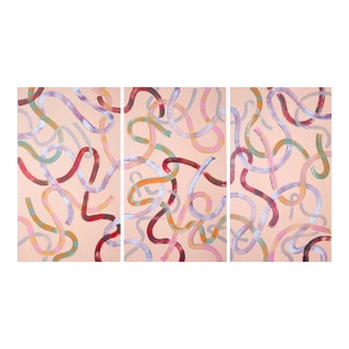 "Soothing Peach Lines" Contemporary Abstract Acrylic Triptych by Natalia Roman - 3 Panels For Sale