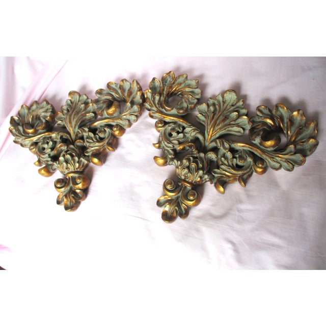 This is a Pair of Vintage French Fleur de lis Wall Plaques with Gorgeous Color of Gold with Verdigris that have Deep...