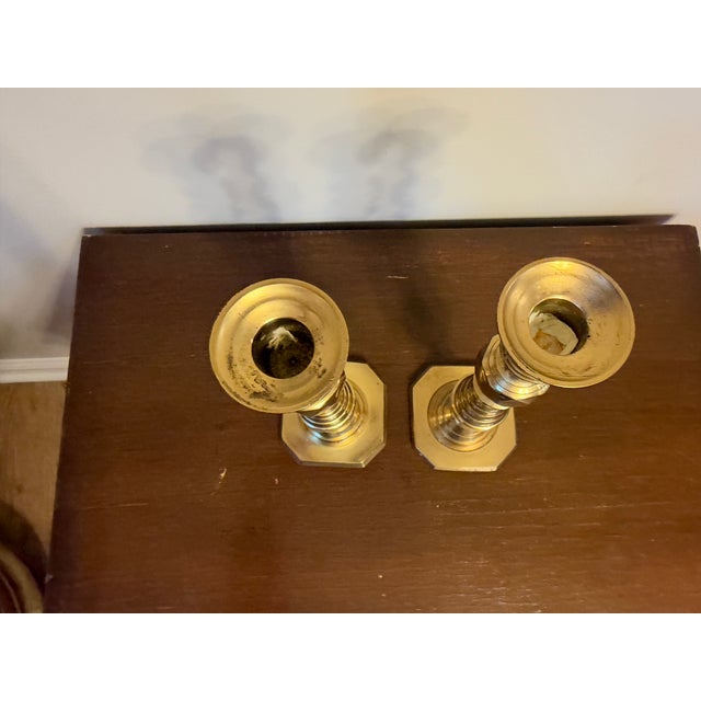 Victorian Pair of Antique English Brass Beehive & Diamond Candlesticks For Sale - Image 3 of 4