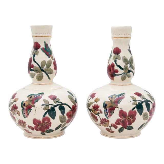 Antique Italian Floral & Butterflies Double Gourd Vases - a Pair For Sale