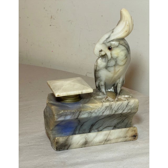 Antique Italian Carved Figural Alabaster Stone Cockatoo Bird Inkwell Sculpture For Sale - Image 11 of 16