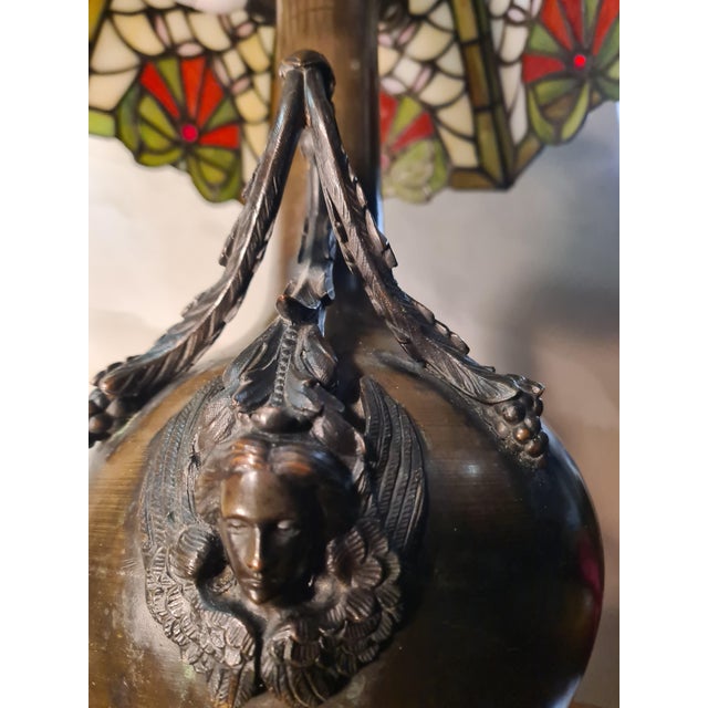 Art Nouveau Bronze Caryatid Lamp with Stained-Glass Glass Shade in the style of Tiffany, 1900s For Sale - Image 10 of 14