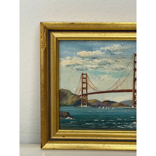 Realism Golden Gate Bridge Oil Painting San Francisco California Miniature Coastal Landscape c.1980 Signed by Jean Bowler For Sale - Image 3 of 18