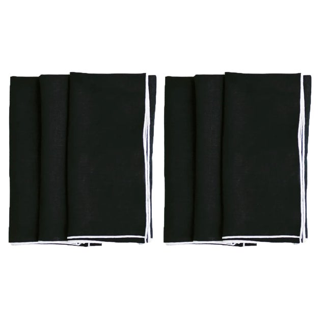 Modern Black with White Trim Linen Napkin - Set of 6 For Sale - Image 3 of 3